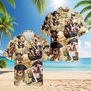Aloha Bulldog Pirate Hawaiian Shirt, Funny Pirate Dog Aloha Shirt for Men Women